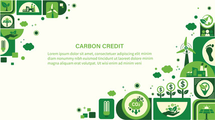 The concept of carbon credit and carbon footprint with icons.Tradable certificate to drive industry and company to the direction of low emissions and carbon offset solution.Green vector template.