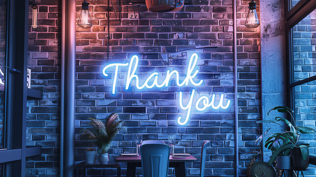 Modern silver cursive "Thank You" lit up in stylish neon against a chic brick wall. Sophisticated and contemporary, expressing gratitude with fashionable flair.