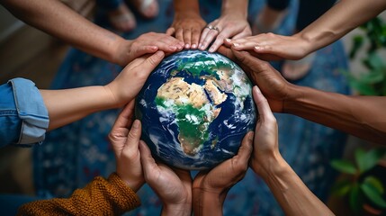 Diverse hands forming a circle around the Earth for International Day of Families, emphasizing unity and family values. Copy space for text, sharp focus, and clear light. High clarity, no grunge,