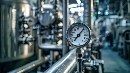 A temperature sensor gauge is prominently displayed in the foreground of this image, with industrial machinery and piping blurred in the background