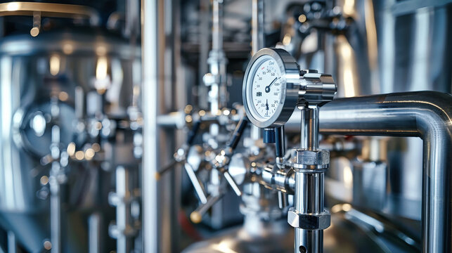 A temperature sensor attached to a stainless steel pipe in a brewery - Powered by Adobe