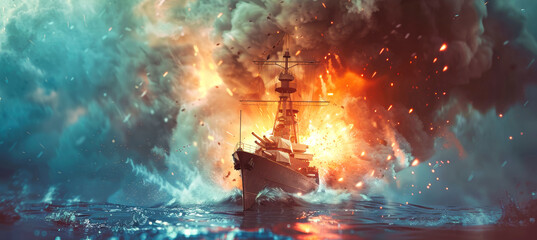 A warship navigates through a tumultuous sea, engulfed in a fiery explosion, showcasing its resilience and strength