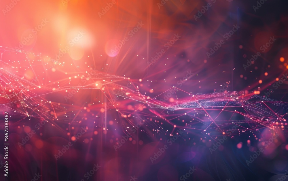 Sticker Vivid abstract with orange and purple hues, featuring interconnected lines and particles representing technology.