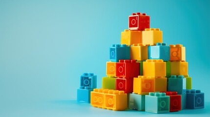 Fototapeta premium A detailed image of a set of building blocks, arranged in a creative structure, against a solid light blue background, with crisp edges and bright colors.