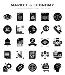 Collection of Market & Economy 25 Glyph Icons Pack.