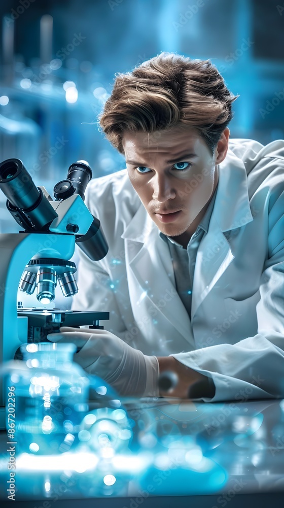Aufkleber scientist in lab coat examines sample through microscope in biotech lab