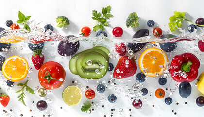 fresh fruits and vegetables in water on a white background