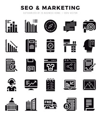 SEO & Marketing Icon Pack 25 Vector Symbols for Web Design.
