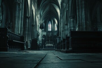 Fototapeta premium Empty gothic cathedral with stone floor leading to the altar and stained glass windows