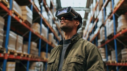 A man wearing a VR headset stands in a warehouse, utilizing virtual reality for inventory management. AIG62