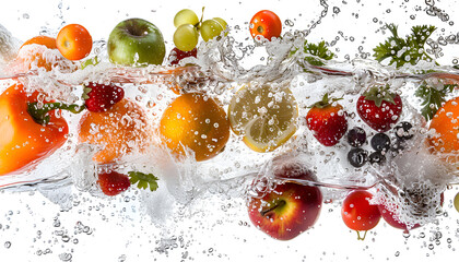 fresh fruits and vegetables in water on a white background