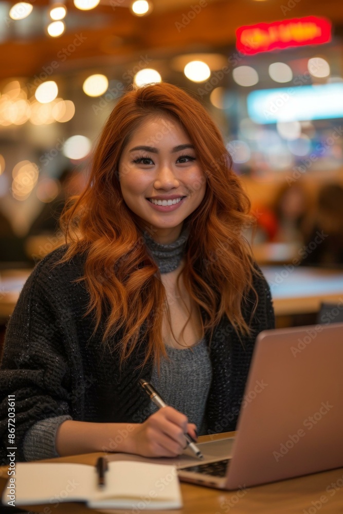 Poster a young woman is sitting at a table in a cafe, writing in her notebook and smiling at the camera. ai