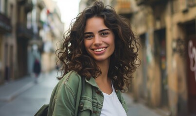 Fototapeta premium Portrait of a smiling young woman with long brown hair wearing a white shirt and a green jacket. AI.