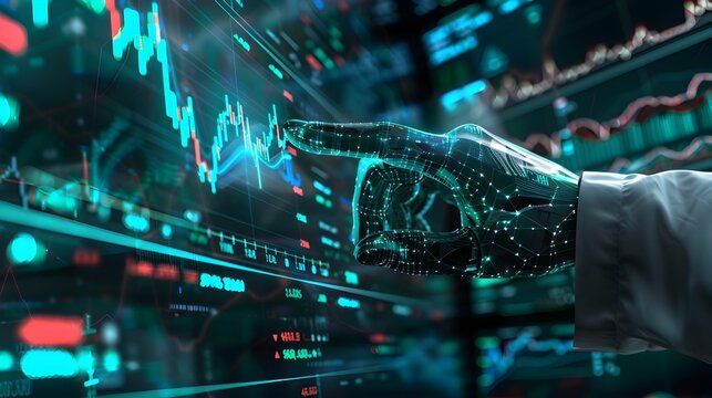 Surgeon s Hand Pointing at Holographic Market Data in Corporate Setting - Powered by Adobe