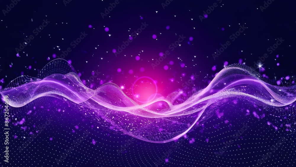 Aufkleber digital purple particles wave and light abstract background with shining dots stars. generative ai