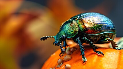 Naklejka premium Colorful Cosmic Jewel Beetle Perched on an Autumnal Pumpkin with Blank Space