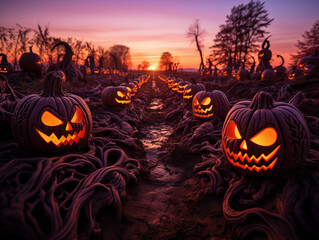 A field filled with carved jack-o'-lanterns for Halloween Day