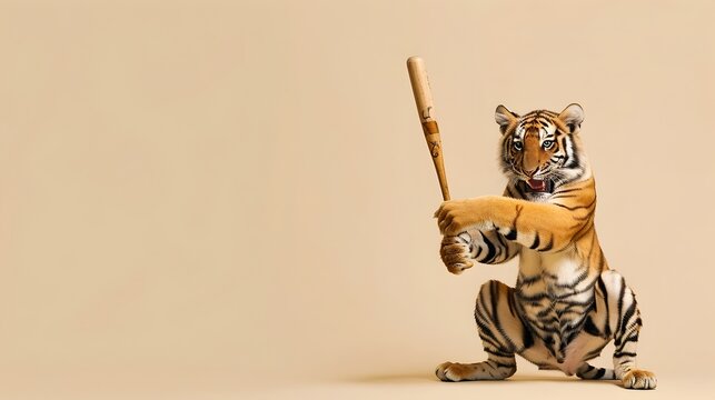 Fierce Tiger Athlete Holding Baseball Bat on Plain Background