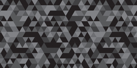 	
Abstract geometric black and gray background seamless mosaic and low polygon triangle texture wallpaper. Triangle shape retro wall grid pattern geometric ornament tile vector square element.