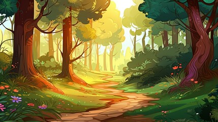 Enchanting Forest Path with Sunbeams in Fantasy Woodland Landscape