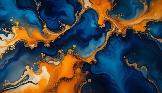 Luxury abstract fluid art painting in alcohol ink technique, a mixture of blue and purple paints. Imitation of marble stone cut, glowing golden veins. Tender and dreamy design