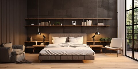 Modern Bedroom with Dark Walls and Large Windows