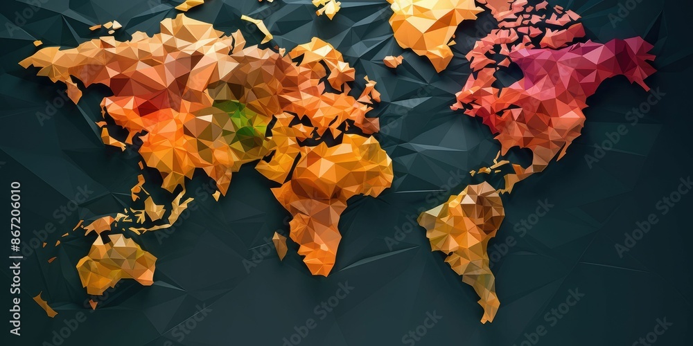 Poster polygonal world map on a dark background. the various bright world map made from polygon material. g