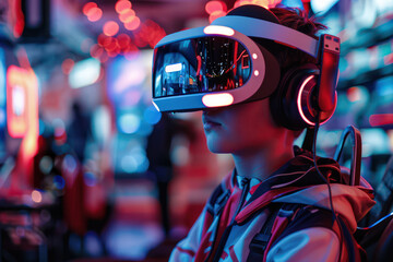 A teenager in a futuristic gamer outfit, engaged in a virtual reality glasses game in a high-tech gaming lounge or experiencing a movie. Futuristic innovation technology and High Tech Concept