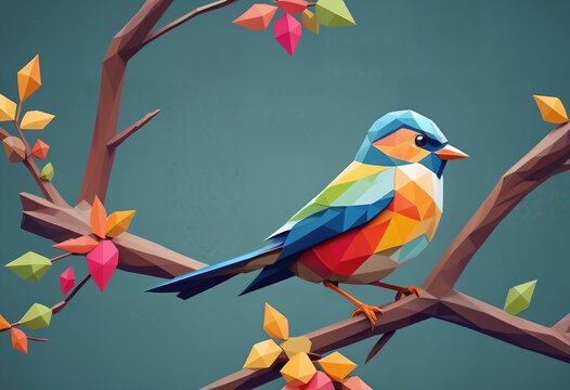 Low polygon style colorful bird on tree branches