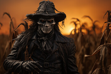 Fototapeta premium A sinister scarecrow in a cornfield, its head a carved pumpkin and its clothes in tatters