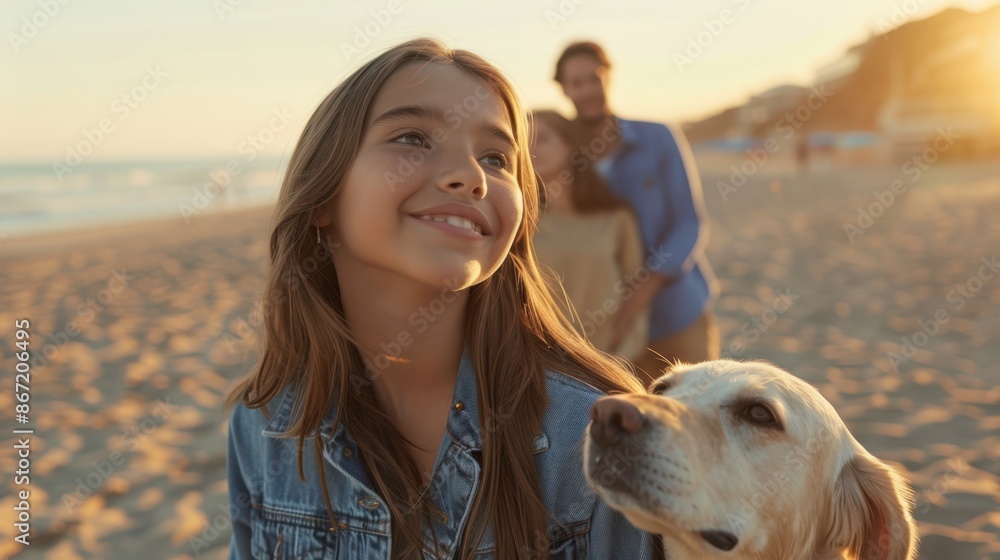 Poster the girl and dog at sunset