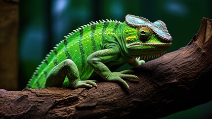 Obraz premium Vibrant chameleon sporting a matching green scarf, camouflaged on a tree branch.