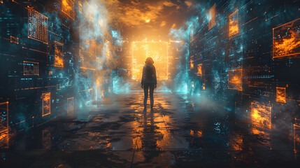 A person standing in a futuristic digital tunnel surrounded by glowing data screens and neon lights, with a large bright screen at the end