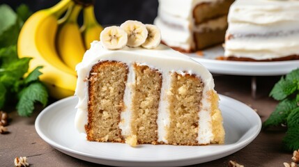 Mouthwatering slice of homemade banana cake topped with whipped cream  perfect for food photography and culinary presentations.