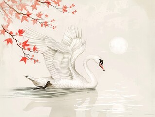 Vintage drawing of a graceful swan gliding on a pond, with retro elements and a serene white backdrop