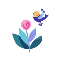 Minimalist graphic featuring a branch with a pink flower and a bird. Simple and elegant design suitable for various decorative purposes