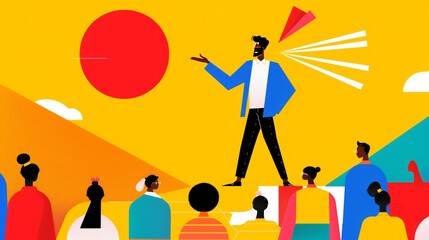 Illustration of young entrepreneur giving motivational speech to diverse aspiring business owners conveying leadership and mentorship