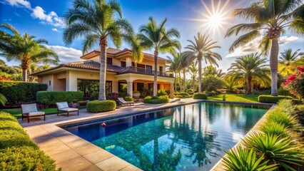 Fototapeta premium The image shows a beautiful house with a swimming pool. The house is surrounded by palm trees and other lush vegetation. 