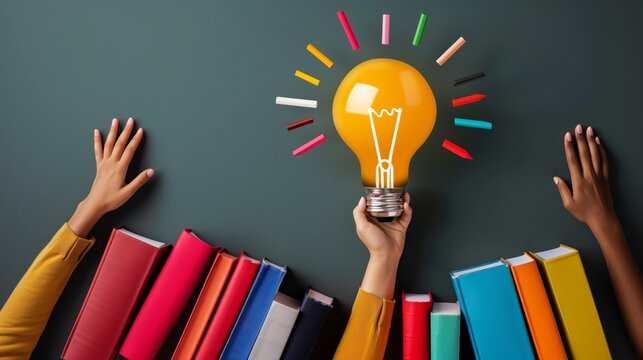 Glowing light bulb surrounded by books and diverse hands reaching out symbolizing empowerment through education