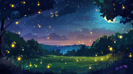 Fototapeta premium Magical Night in the Forest. Fireflies Illuminating a Starry Sky