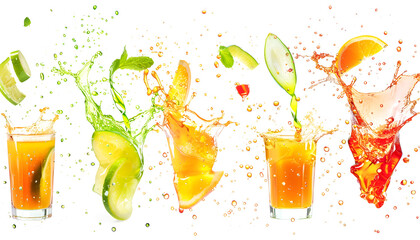 Splashing different fresh juices isolated on white, collage design
