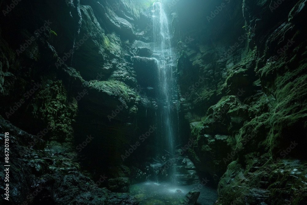 Poster sunlight shining on a waterfall cascading from a cave opening and creating a pool of water on the ca