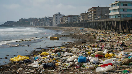 Polluted Coastal Town, A coastal town suffering from severe pollution, with beaches littered with trash, water contaminated with chemicals, and the air filled with industrial emissions