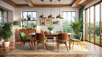  This is an image of a dining room. There is a large wooden table with a fruit bowl on it. There are six chairs around the table. 