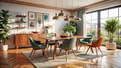 Obraz premium This is an image of a dining room. There is a large wooden table with a green tablecloth and six chairs around it. 