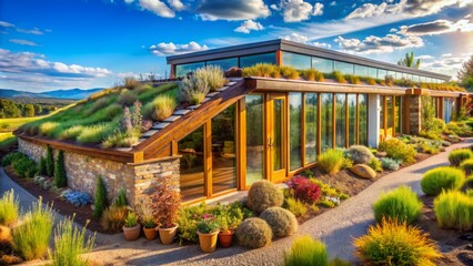 Fototapeta premium The house is made of stone and wood, with a green roof and solar panels. It's surrounded by lush vegetation and has a beautiful view of the mountains.
