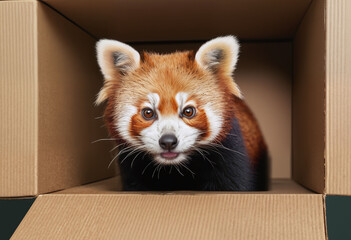 Obraz premium Playful red panda peeking out of a cardboard box