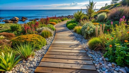Obraz premium A wooden walkway winds through a lush garden of flowers and plants, with the ocean in the distance.