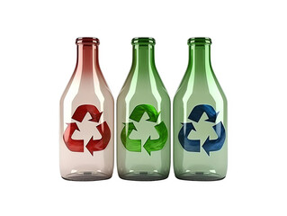 Three colored glass bottles with recycling symbols, representing eco-friendly practices and waste management concepts.