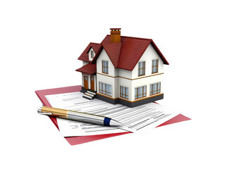 Model house on mortgage documents with pen. Image symbolizes home ownership, loans, real estate investment, and buying property.